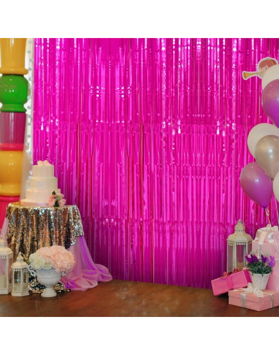 Ekstra Metalize Parlak Saçaklı Arka Fon Perde Fuşya
