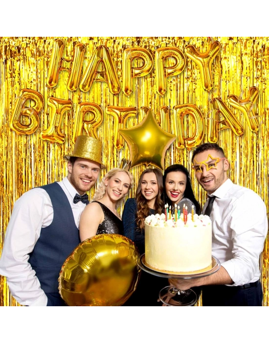 Ekstra Metalize Parlak Saçaklı Arka Fon Perde Gold