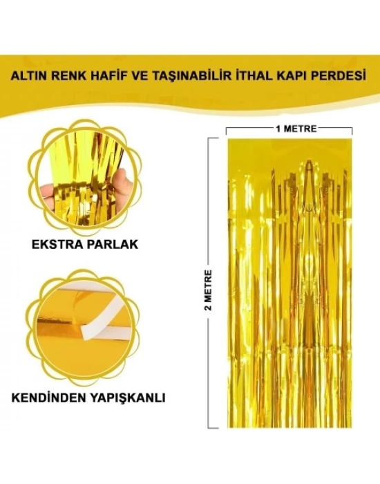 Ekstra Metalize Parlak Saçaklı Arka Fon Perde Gold