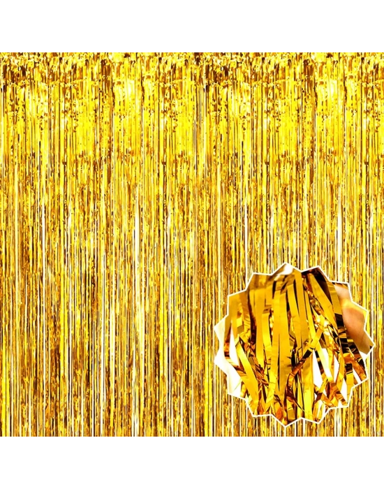 Ekstra Metalize Parlak Saçaklı Arka Fon Perde Gold