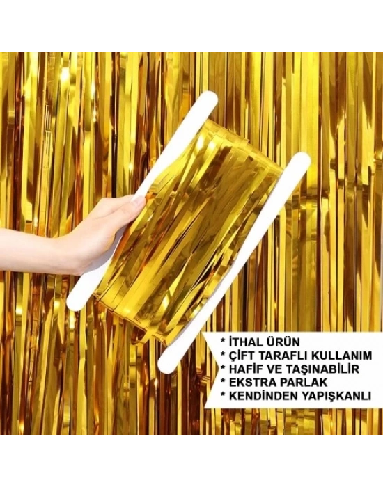 Ekstra Metalize Parlak Saçaklı Arka Fon Perde Gold