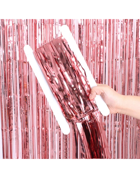 Ekstra Metalize Parlak Saçaklı Arka Fon Perde Rose Gold