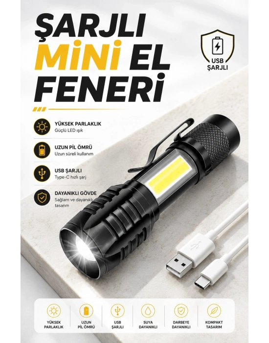 El Feneri Led USB Şarjlı Zoom Mini Led Işık Acil Durum Feneri