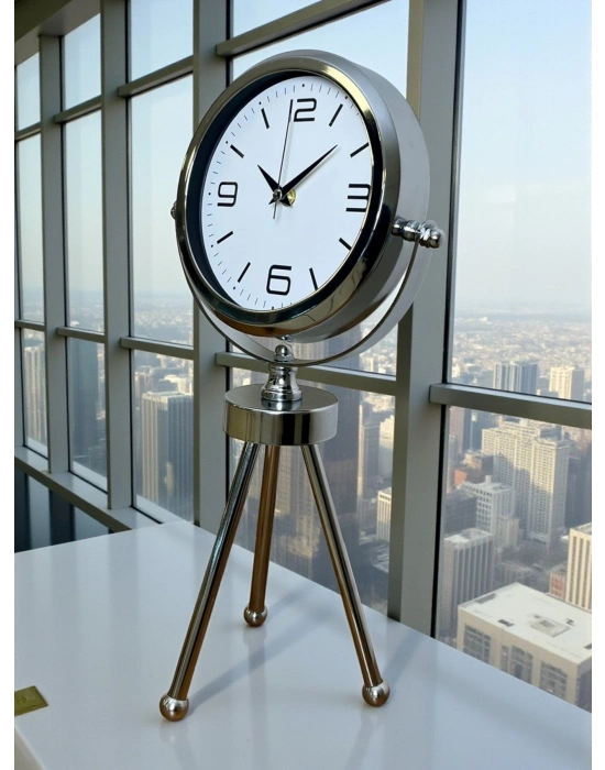 ® Elegance Krom Tripod Üç Ayaklı Metal Masa Saati