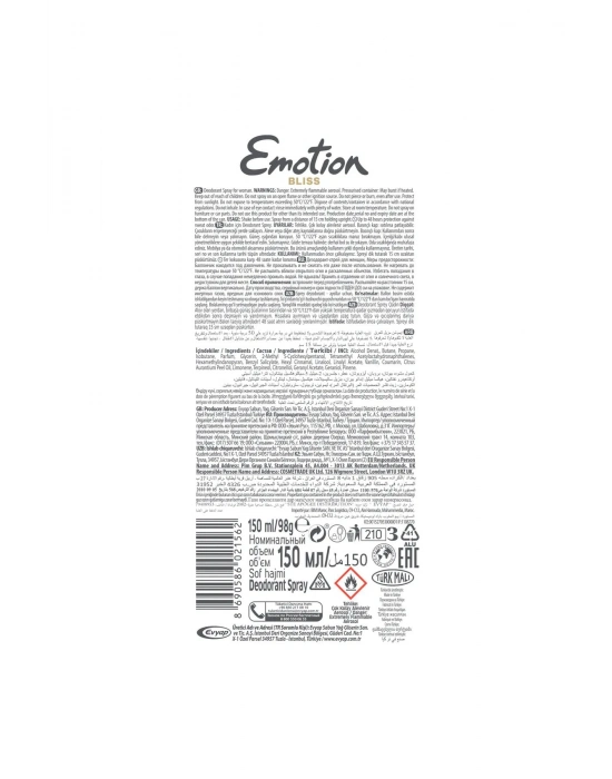 Emotion Bliss Kadın Vegan Deodorant 150 Ml Hızlı Kurur , Leke Bırakmaz
