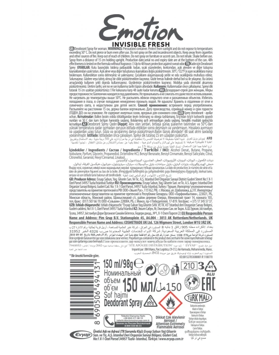 Emotion Invisible Fresh Black & White Kadın Deodorant 150ml Vegan, Leke Bırakmaz