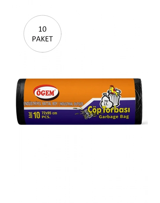 Endüstriyel Battal Boy Çöp Torbası 72 x 95 cm 10 Lu Rulo x 10 Paket = 100 Adet (Siyah)
