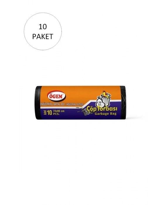Endüstriyel Battal Boy Çöp Torbası 72 x 95 cm 10 Lu Rulo x 20 Paket = 200 Adet (Siyah)