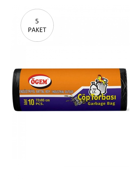 Endüstriyel Battal Boy Çöp Torbası 72 x 95 cm 10 Lu Rulo x 5 Paket = 50 Adet (Siyah)