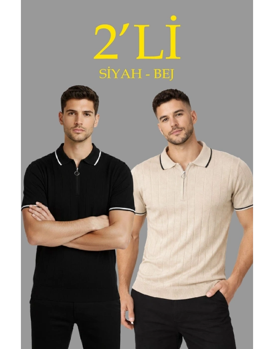 Erkek 2’li Paket Dokuma Triko  Fermuarlı Yakalı Fitilli Kısa Kollu Regular Fit Tişört - Bej  Siyah