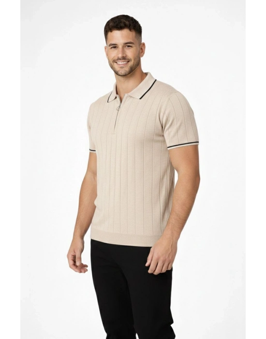 Erkek 2’li Paket Dokuma Triko  Fermuarlı Yakalı Fitilli Kısa Kollu Regular Fit Tişört - Bej  Siyah