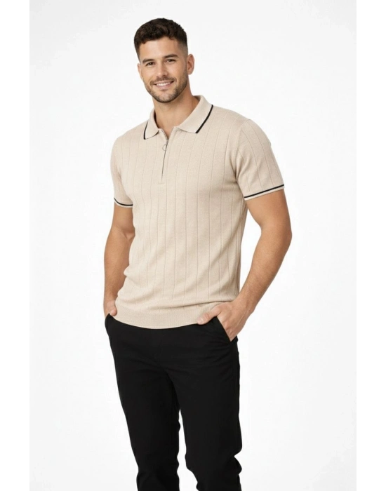 Erkek 2’li Paket Dokuma Triko  Fermuarlı Yakalı Fitilli Kısa Kollu Regular Fit Tişört - Bej  Siyah