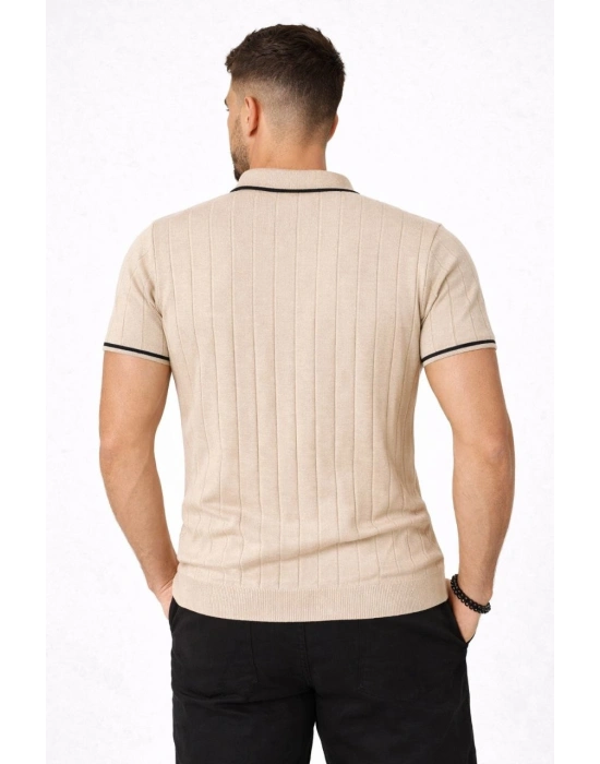 Erkek 2’li Paket Dokuma Triko  Fermuarlı Yakalı Fitilli Kısa Kollu Regular Fit Tişört - Bej  Siyah