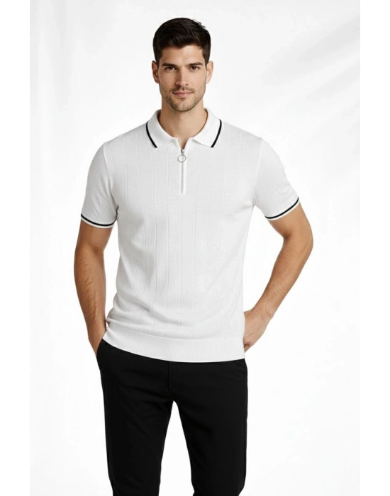 Erkek 2’li Paket Dokuma Triko  Fermuarlı Yakalı Fitilli Kısa Kollu Regular Fit Tişört - Beyaz  Siyah