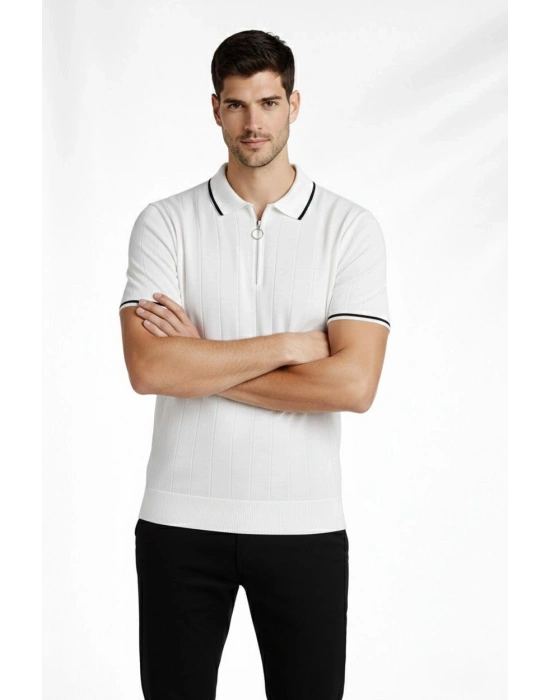 Erkek 2’li Paket Dokuma Triko  Fermuarlı Yakalı Fitilli Kısa Kollu Regular Fit Tişört - Beyaz  Siyah