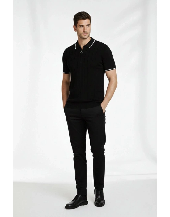 Erkek 2’li Paket Dokuma Triko  Fermuarlı Yakalı Fitilli Kısa Kollu Regular Fit Tişört - Beyaz  Siyah