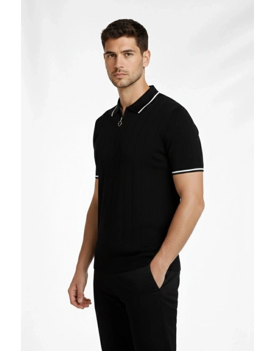 Erkek 2’li Paket Dokuma Triko  Fermuarlı Yakalı Fitilli Kısa Kollu Regular Fit Tişört - Beyaz  Siyah