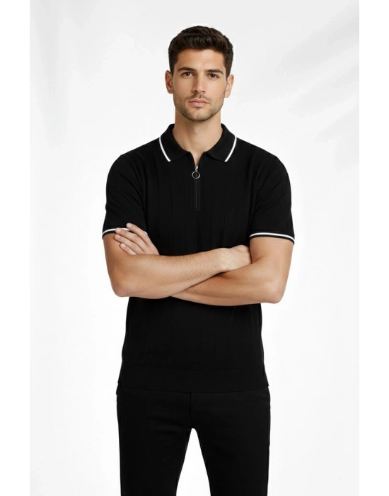 Erkek 2’li Paket Dokuma Triko  Fermuarlı Yakalı Fitilli Kısa Kollu Regular Fit Tişört - Haki  Siyah