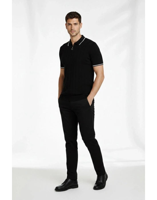 Erkek 2’li Paket Dokuma Triko  Fermuarlı Yakalı Fitilli Kısa Kollu Regular Fit Tişört - Haki  Siyah