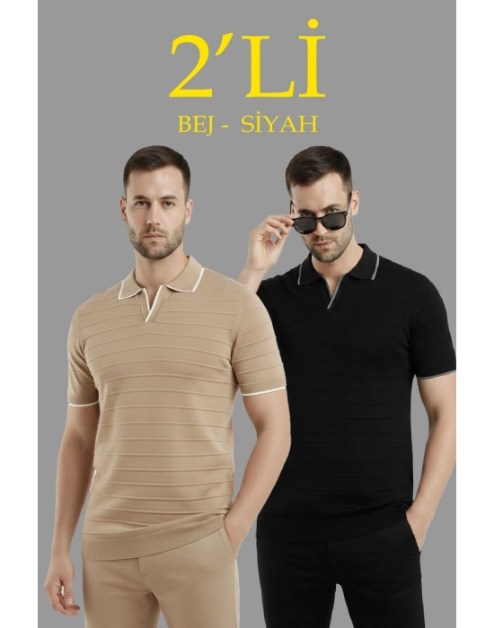 Erkek 2’li Paket Triko Yakalı Düğmesiz Açık Yaka Fitilli Kısa Kollu Regular Fit Tişört - Bej  Siyah