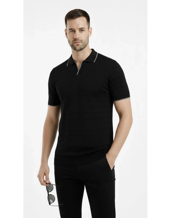 Erkek 2’li Paket Triko Yakalı Düğmesiz Açık Yaka Fitilli Kısa Kollu Regular Fit Tişört - Bej  Siyah