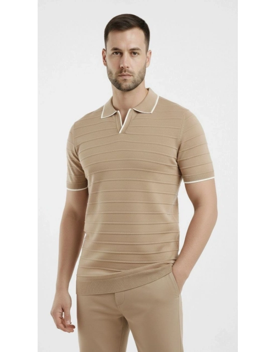 Erkek 2’li Paket Triko Yakalı Düğmesiz Açık Yaka Fitilli Kısa Kollu Regular Fit Tişört - Bej  Siyah