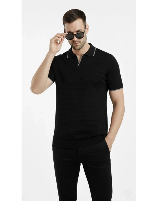 Erkek 2’li Paket Triko Yakalı Düğmesiz Açık Yaka Fitilli Kısa Kollu Regular Fit Tişört - Bej  Siyah