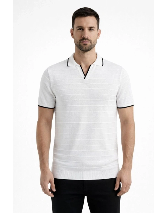 Erkek 2’li Paket Triko Yakalı Düğmesiz Açık Yaka Fitilli Kısa Kollu Regular Fit Tişört - Beyaz  Mint Yeşili