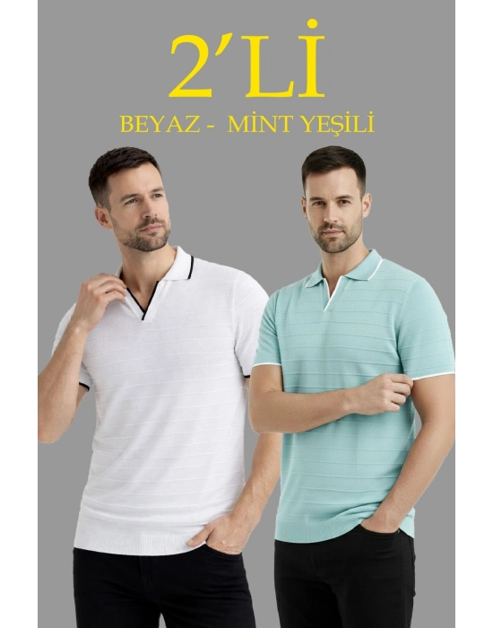 Erkek 2’li Paket Triko Yakalı Düğmesiz Açık Yaka Fitilli Kısa Kollu Regular Fit Tişört - Beyaz  Mint Yeşili
