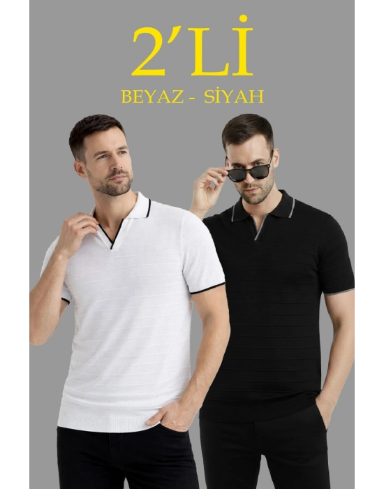 Erkek 2’li Paket Triko Yakalı Düğmesiz Açık Yaka Fitilli Kısa Kollu Regular Fit Tişört - Beyaz  Siyah
