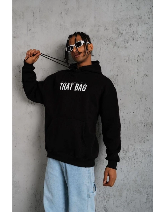 Erkek 3 İplik Pamuklu Kapüşonlu Baskılı Cepli Oversize Sweatshirt Hoodie - Siyah