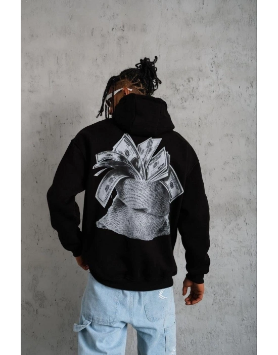 Erkek 3 İplik Pamuklu Kapüşonlu Baskılı Cepli Oversize Sweatshirt Hoodie - Siyah