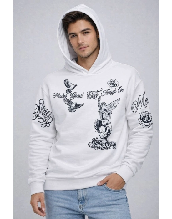 Erkek 3 İplik Pamuklu Kapüşonlu Baskılı SweatShirt hoodie - Beyaz