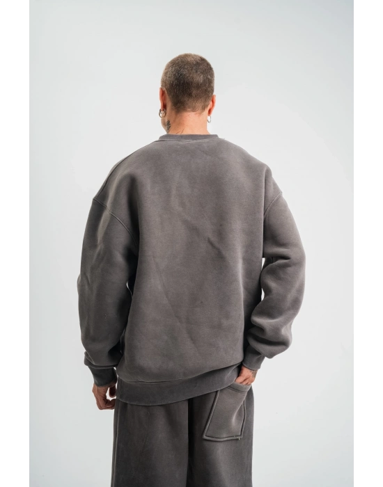 Erkek 3 İplik Pamuklu Yağ Yıkamalı Sweatshirt Double Oversize Bisiklet Yaka Uzun Kol - Füme