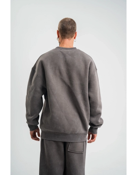 Erkek 3 İplik Pamuklu Yağ Yıkamalı Sweatshirt Double Oversize Bisiklet Yaka Uzun Kol - Füme
