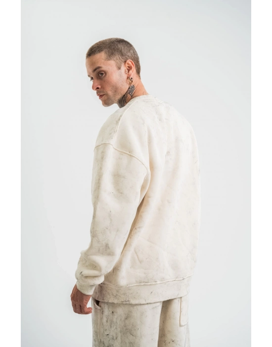 Erkek 3 İplik Pamuklu Yağ Yıkamalı Sweatshirt Double Oversize Bisiklet Yaka Uzun Kol - Krem