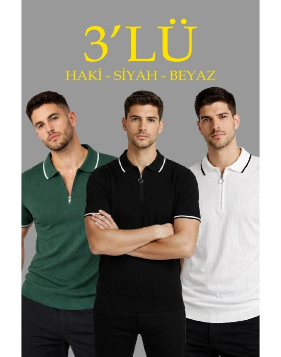 Erkek 3’lü Paket Dokuma Triko  Fermuarlı Yakalı Fitilli Kısa Kollu Regular Fit Tişört - Beyaz, Haki, Siyah