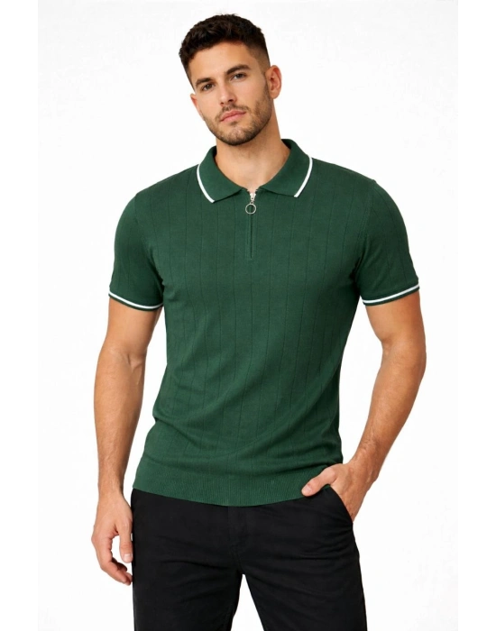 Erkek 3’lü Paket Dokuma Triko  Fermuarlı Yakalı Fitilli Kısa Kollu Regular Fit Tişört - Kahverengi, Haki, Siyah