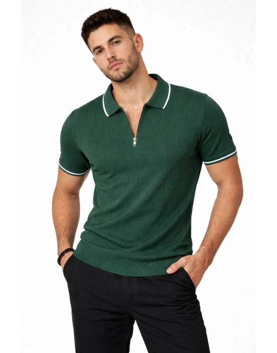 Erkek 3’lü Paket Dokuma Triko  Fermuarlı Yakalı Fitilli Kısa Kollu Regular Fit Tişört - Kahverengi, Haki, Siyah