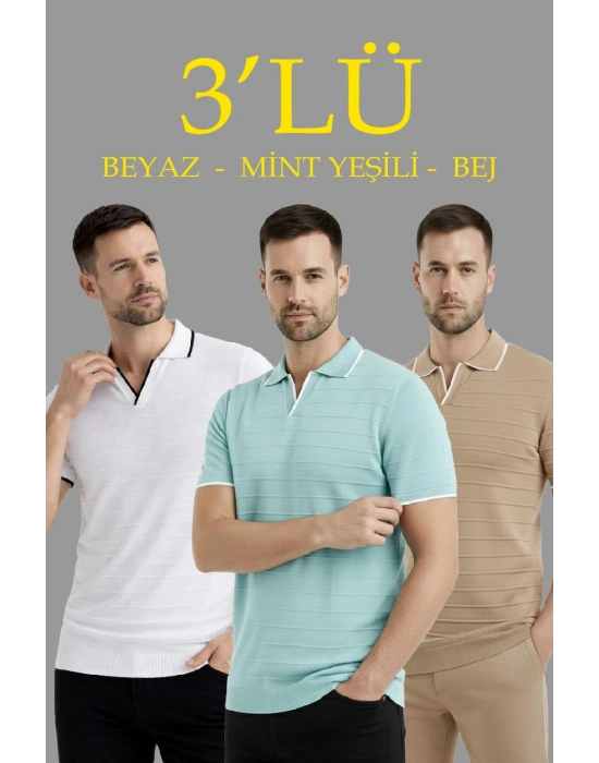 Erkek 3’lü Paket Triko Yakalı Düğmesiz Açık Yaka Fitilli Kısa Kollu Regular Fit Tişört - Bej, Beyaz, Mint Yeşili