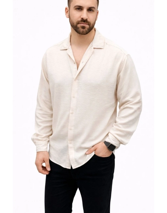 Erkek Aerobin Kumaş Oversize 4 Mevsim Uzun Kollu Rahat Kalıp Gömlek - Bej