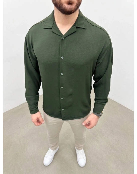 Erkek Aerobin Kumaş Oversize 4 Mevsim Uzun Kollu Rahat Kalıp Gömlek - Haki