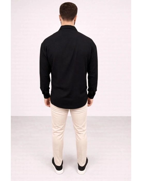 Erkek Aerobin Kumaş Oversize 4 Mevsim Uzun Kollu Rahat Kalıp Gömlek - Siyah