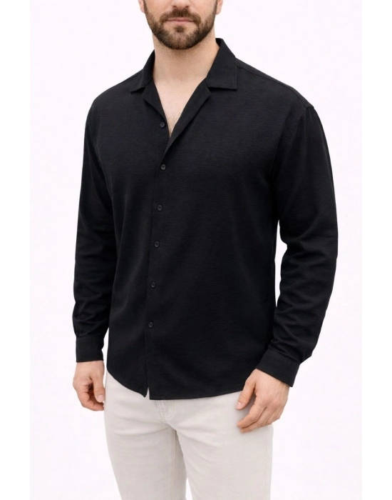 Erkek Aerobin Kumaş Oversize 4 Mevsim Uzun Kollu Rahat Kalıp Gömlek - Siyah