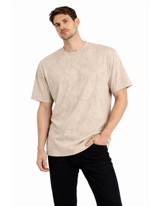 Erkek Asit Yıkama Bisiklet Yaka Kısa Kollu Oversize T-Shirt Tişört - Bej