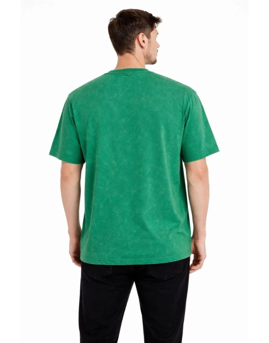 Erkek Asit Yıkama Bisiklet Yaka Kısa Kollu Oversize T-Shirt Tişört - Yeşil