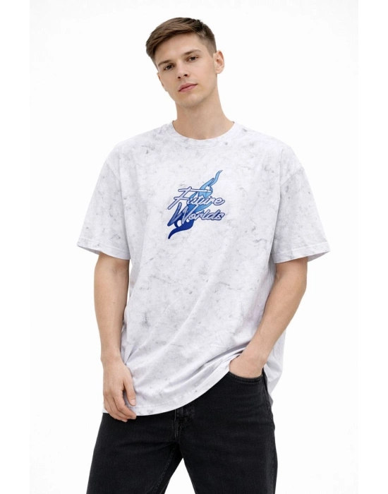 Erkek Asit Yıkamalı Oversize Tişört - Beyaz