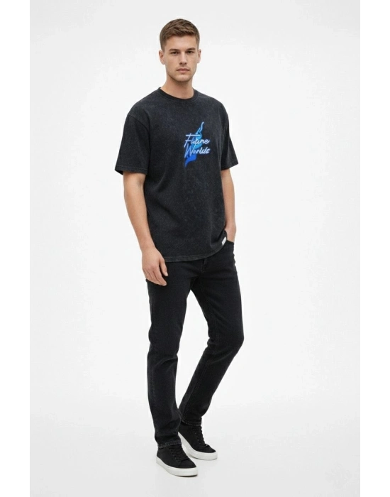 Erkek Asit Yıkamalı Oversize Tişört - Siyah