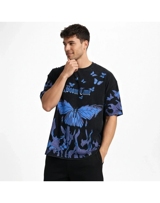 Erkek Asit Yıkamalı Oversize Tişört- Siyah