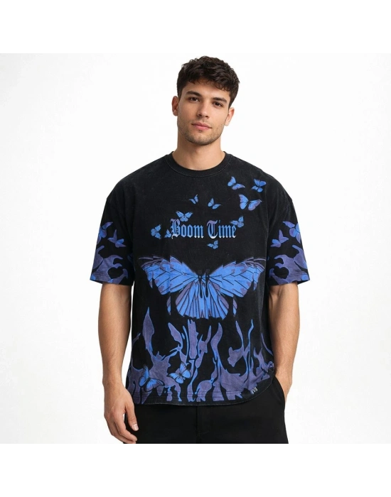 Erkek Asit Yıkamalı Oversize Tişört- Siyah